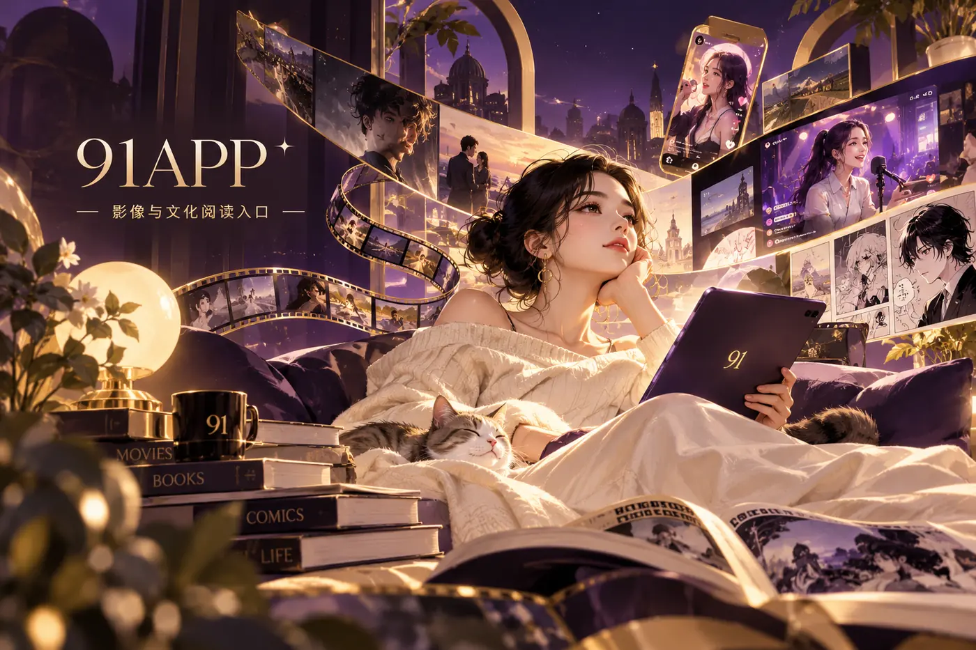 深紫与米色几何构成的首页导读封面